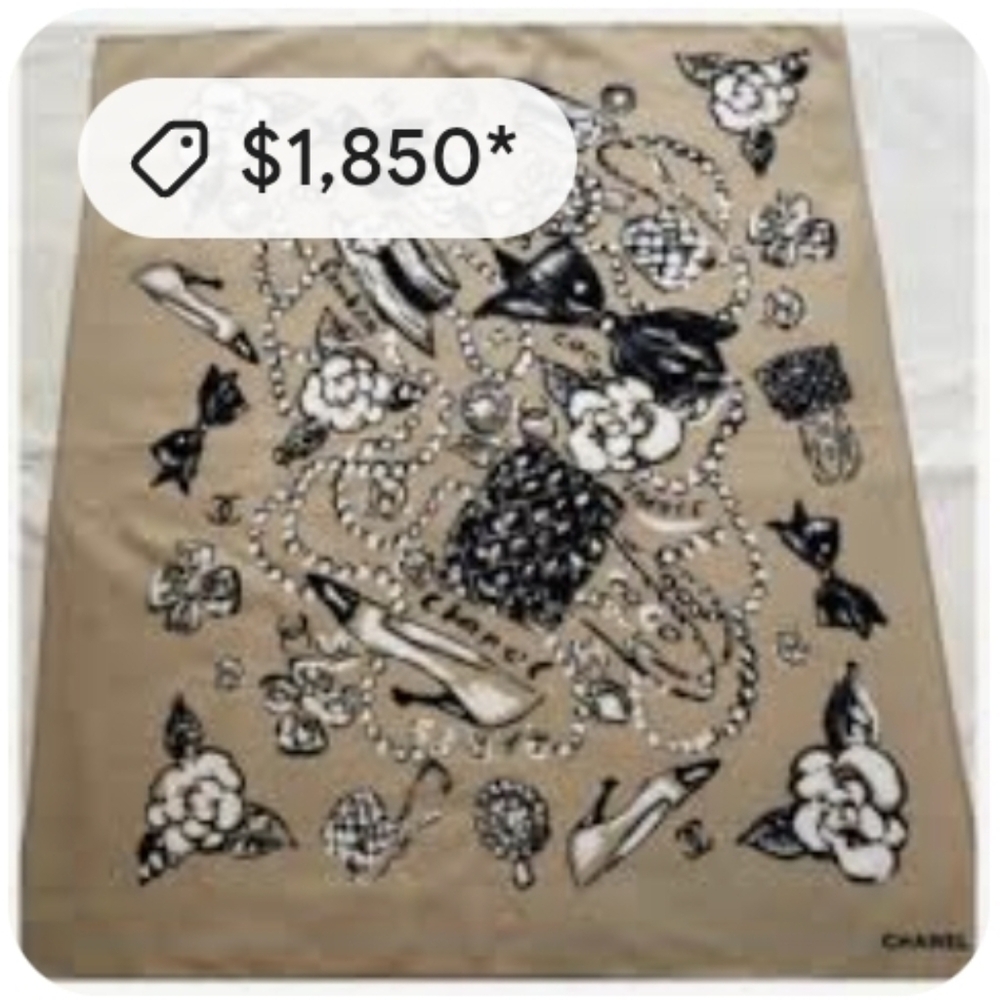 Chanel Beige and Black Floral Scarf
